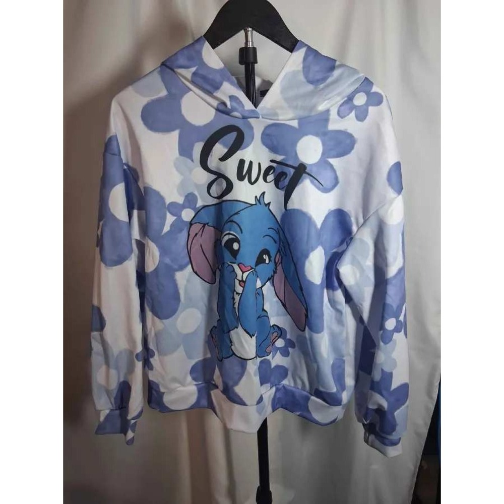 Blue Floral Bunny Sweet‎ Graphic Hoodie Pullover Sweatshirt Medium